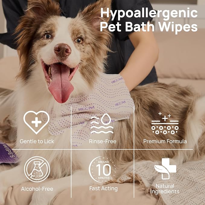 HICC PET Dog Wipes Cleaning Deodorizing PRO for Dogs&Cats, 20PCS Hypoallergenic Puppy Wipes, No-Rinse Pet Wipes, Extra Thick Dual-Textured Pet Glove Wipes for Paws, Face, Ears & Butt, Unscented