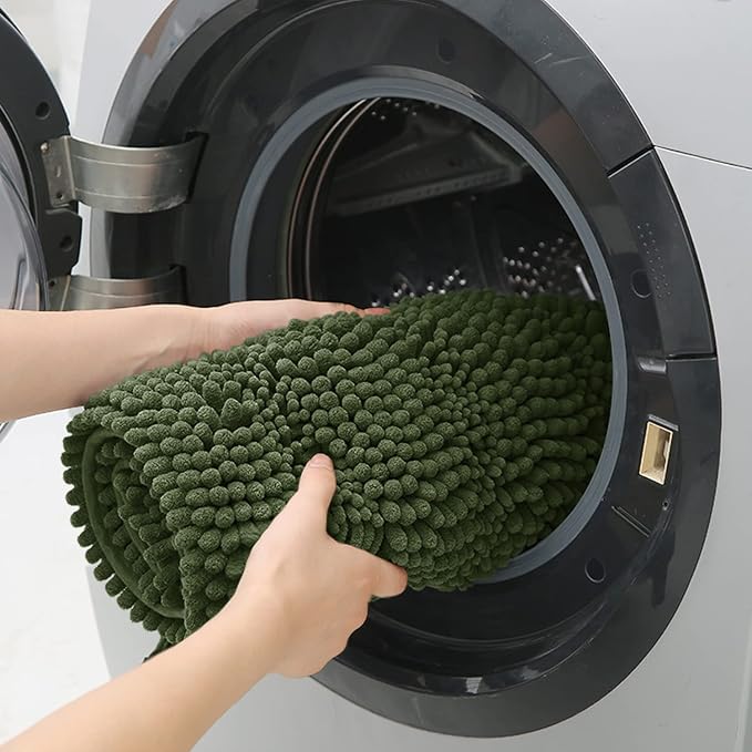 Christmas Striped Olive Green Bathroom Rug Mat Set 2 piece 32"x20"+24"x17" Ultra Soft, Non Slip Chenille Bath Rugs, Absorbent Plush Shaggy Bath Mats for Bathroom, Bedroom, Kitchen, Shower, Tub