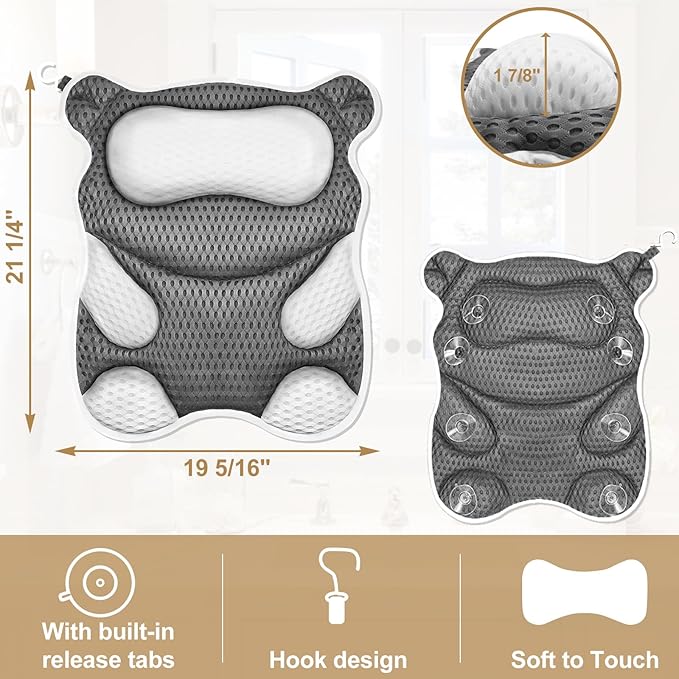 Bath Pillow for Tub Ergonomic Bear Shape Design Bath Pillow for Head and Neck Support SPA Gift Bathtub Pillow 4D Air-Mesh with 8 Suction Cups Washable Gray