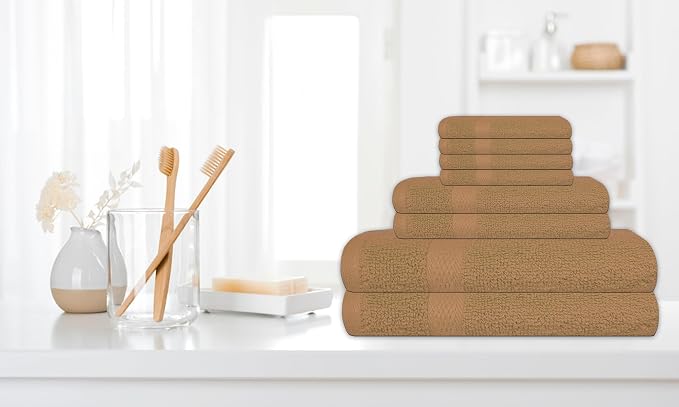 Luxury 8 Piece Set, 2 Bath Towels 2 Hand Towels 4 Washcloths, 100% Cotton Towels for Bathroom, Home, Spa, Hotel & Gym – Ultra Soft, Highly Absorbent, Quick Dry (Beige)