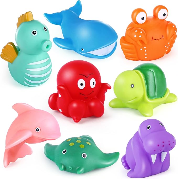 LotFancy® Bath Toys, 8 Pack Mold Free Bath Toys for Kids Ages 1-3, No Holes Baby Bath Toys for Toddlers 2-4, Ocean Sea Animal Bathtub Toys, Soft Floating Pool Water Table Toys