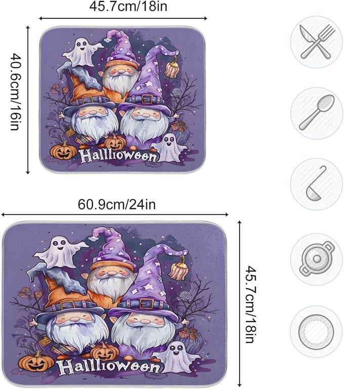 Halloween Gnome Ghosts Cute Absorbent Dish Drying Mat, Dishes Drainer Protector Pad Pot Holder for Kitchen 18 x 24 Inch