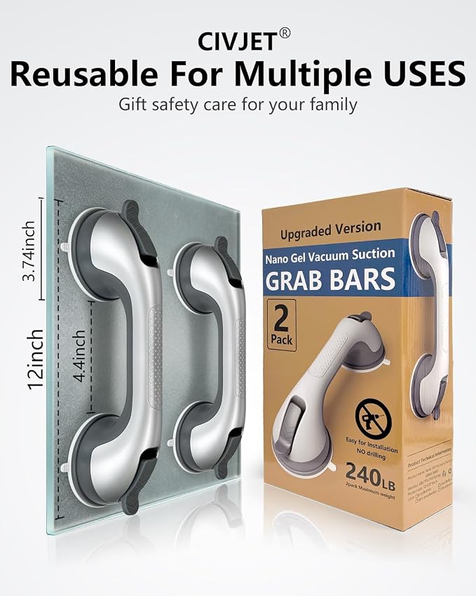 Shower Handles for Elderly Suction 2 Pack Grab Bars for Bathtubs and Showers, bar Safety 200 lbs Walls Handicap Heavy Duty Holder Hooks to Lift Large Tile Glass Suction Cups Tool Chair