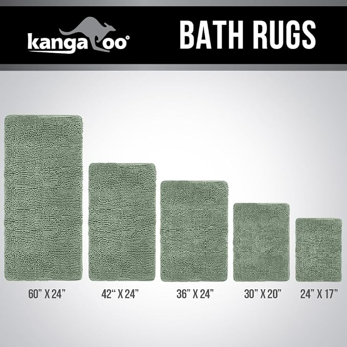 KANGAROO Bathroom Rugs, Chenille Soft Absorbent Bath Rug, Shaggy Shower Mat, Quick Dry Machine Wash Bathmat, Plush Carpet Mats for Tub, Bathtub and Room Home Decor Accessories, 42x24, Sage