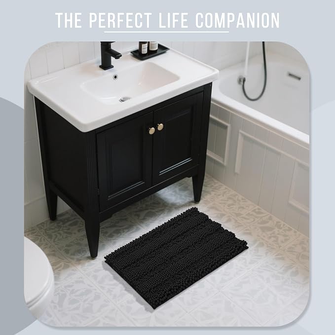 Yimobra Bathroom Rug Mat, Non Slip and Super Absorbent Bath Mat, Machine Washable Quick Dry, Ultra Plush Chenille Shower Rugs for Bathroom Floor Sink Tub and Shower Outside, Black, 24 x 17