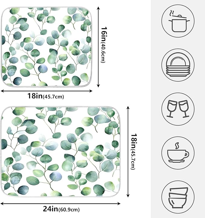 Eucalyptus Leaf Morandi Dish Drying Mats for Kitchen Counter Small Drying Mat for Dishes Microfiber Dish Rack Mat Drainer Pad Washable Foldable Ultra Absorbent Dry Mat 18"x16"