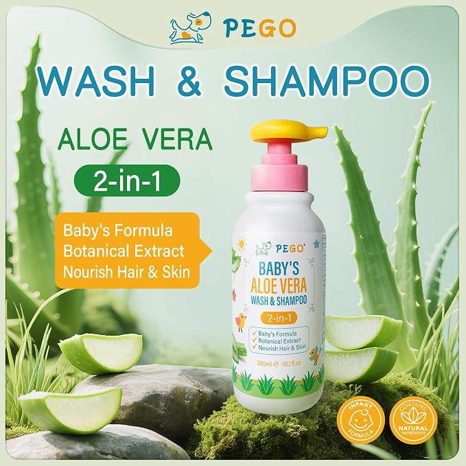 PEGO Baby Shampoo & Body Wash 2-in-1 with Aloe Vera & Vitamin B5, Gently Cleanses Newborn's Delicate Skin & Hair, Hypoallergenic, Safe for Baby, Toddler, Kids & Family 300ml/10.1fl.oz