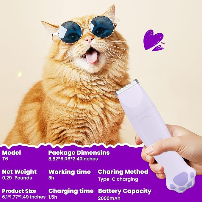 Dog Paw Trimmer - 4-in-1 Dog Clippers Grooming Kit with Low Noise & IPX7 Waterproof Design Includes Comb Paw Trimmer Nail Grinder - Rechargeable & Cordless Pet-Friendly Clipper (Purple)