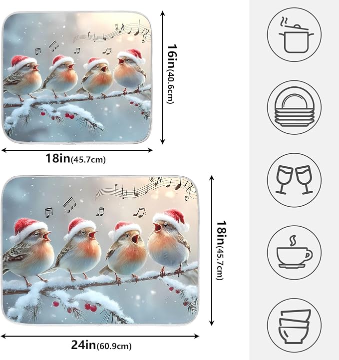 Christmas Birds Singing Dish Drying Mat, Absorbent Drainer Mats for Kitchen Counter Coffee Maker 18"x16"