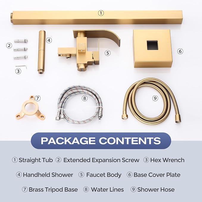 Waterfall Freestanding Bathtub Faucet, Floor Mount Bathroom Tub Filler Shower Faucets with Handheld Sprayer, Brushed Gold