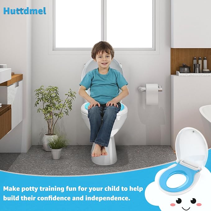 Potty Training Seat Built-in Toilet Seat, Round Toilet Seat 16.5inch with Baby Seat 2 in 1 Soft Close Quiet No Slapping, Magnetic Absorption, Easy Installation for Bottom Fixing Toilet,White and Blue