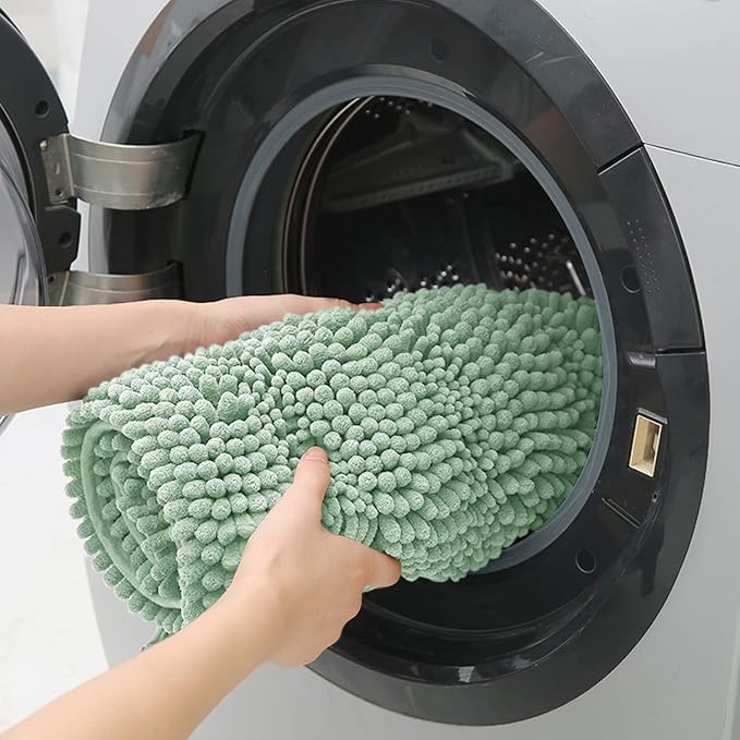 Christmas Striped Sage Green Bathroom Rug Mat Set 2 piece 32"x20"+24"x17" Ultra Soft, Non Slip Chenille Bath Rugs, Absorbent Plush Shaggy Bath Mats for Bathroom, Bedroom, Kitchen, Shower, Tub