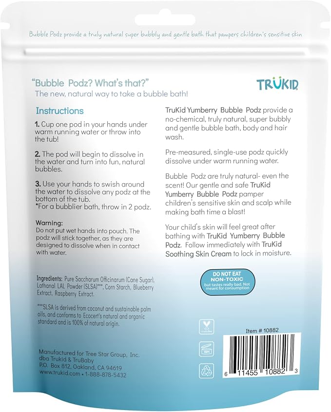 TruKid Bubble Podz Bubble Bath for Kids, Toddlers, & Babies, Tear Free Gentle & Refreshing Bath Bomb for Sensitive Skin with Natural Moisturizers, Non-Toxic, pH Balanced, Yumberry Scent (24 Podz)
