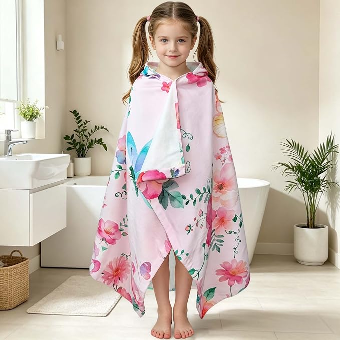 VOOVA & MOVAS Todder Beach Towel with Hood, (3-8 Years, 30''X50),Absorbent 100% Cotton Towel Wrap for Boys, Perfect for Toddler Beach, Pool, Bath, Swimming, Flower Butterfly