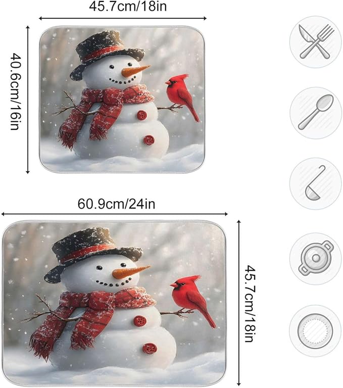 Snowman Cardinal Bird Absorbent Dish Drying Mat, Dishes Drainer Protector Pad Pot Holder for Kitchen 18 x 24 Inch