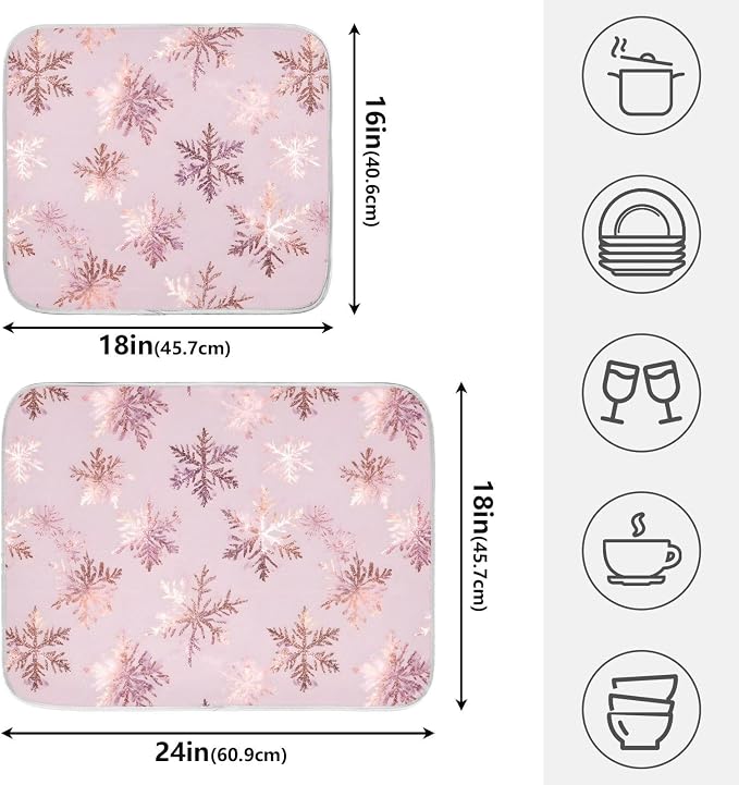 Rose Gold Snowflake Dish Drying Mat, Absorbent Drainer Mats for Kitchen Counter Coffee Maker 24"x18"