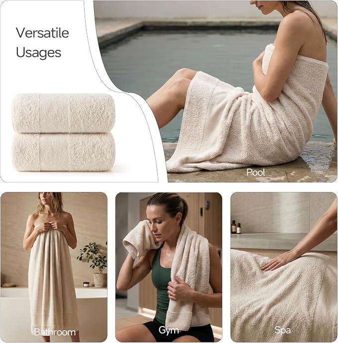 REDKISS 2 Pack Luxury 30x58 Inch Large Cotton Bath Towels Set, Sand Beige | 100% cotton luxury fabric, ultra soft, highly absorbent & quick dry sand Beige towels for bathroom, gym, hotel and spa