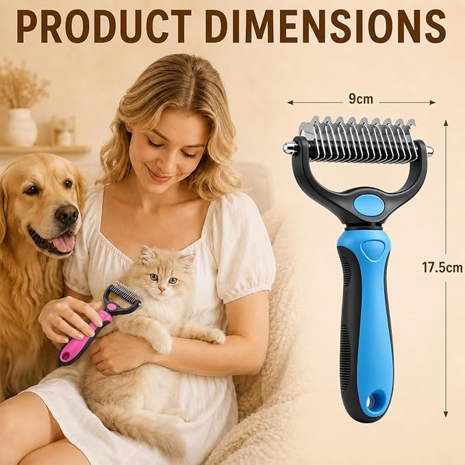 Dematting Comb for Dogs and Cats, Pet Grooming Rake, Double Sided Deshedding Brush for Dogs & Cats, Deshedding Dog Brush Removes Tangles Knots and Loose Fur for Long Haired Pets (Blue+pink)