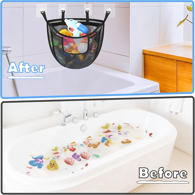 Bath Toy Storage, Corner Bath Tub Toy Storage Holder with Bottom Zipper, Quick Release Bath Toy Organizer with Large Pocket, Mesh Shower Toy Holder Basket Net Bin for Bathtub Toys - Black