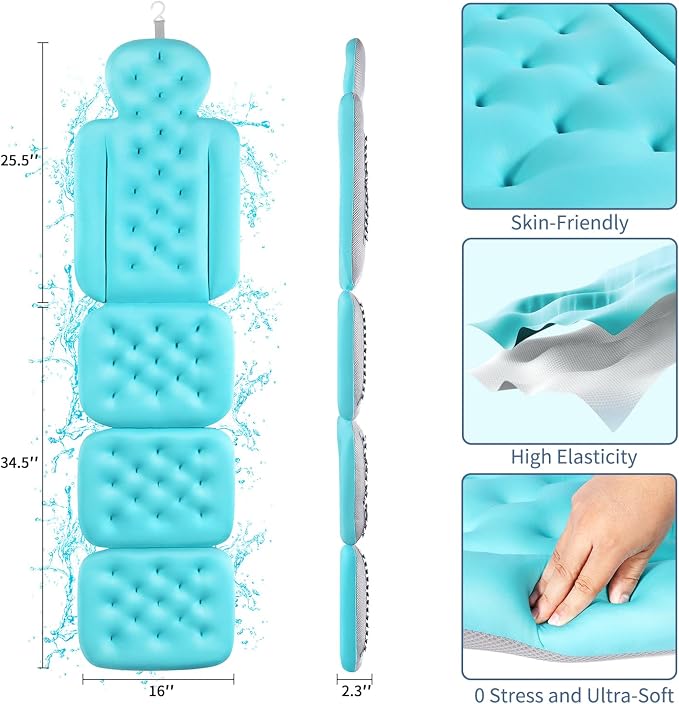 Luxury Bath Cushion, Full Body Bathtub Pillow with 160 Suction Cups, Bath Mat for Head and Neck Support, with Laundry Bag (Blue, 60" x 16")