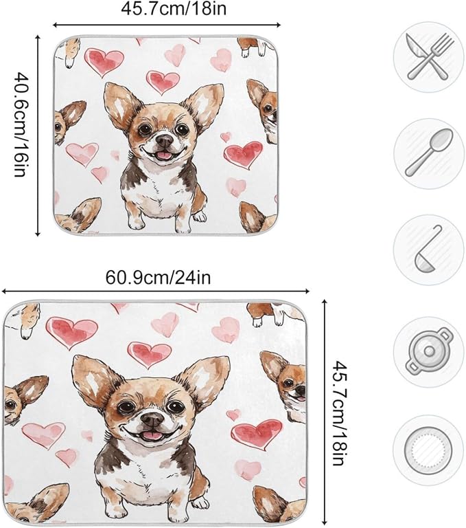 Chihuahua Dog Heart Absorbent Dish Drying Mat, Dishes Drainer Protector Pad Pot Holder for Kitchen 18 x 24 Inch