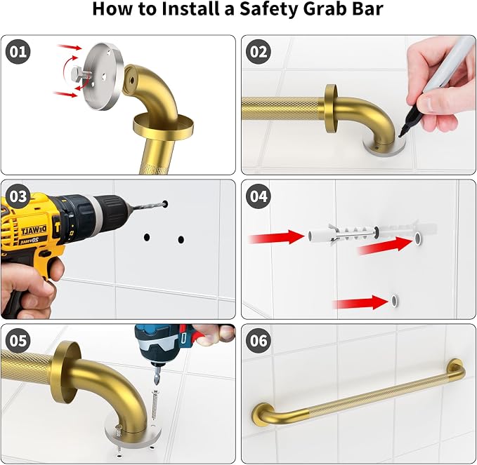 Shower Grab Bar 32 Inch, iHansee Brushed Gold Bathroom Grab Bar w/Anti-Slip Knurled Grip, Stainless Steel Bath Safety Bars Support Handrail for Senior Elderly, Toilet Bathtub Balance Handle for Wall