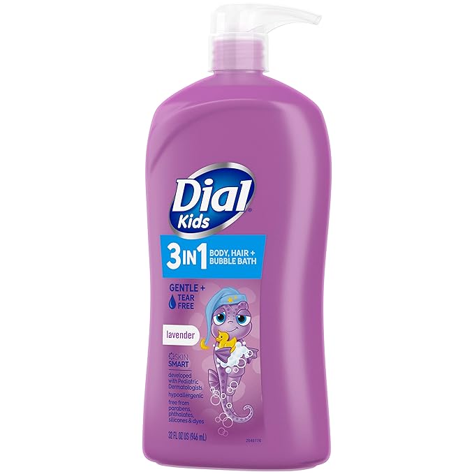 Dial Kids All-in-1 Body + Hair + Bubble Bath, Lavender Scent, 32 Fl Oz, Hypoallergenic Body Wash & Shampoo, No Tears Formula for Kids 2+ Years, No Parabens & Silicones (Pack of 2)