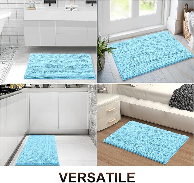 Grandaily Chenille Striped Bathroom Rugs 24x16, Extra Thick and Absorbent Bath Mats, Non-Slip Soft Plush Shaggy Shower Carpet, Machine Wash Dry, Bath Rug for Bathroom, (Small, Blue)