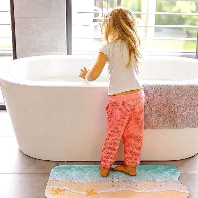 Breling Summer Beach Bathtub Mat Non Slip, 40 x 16 Inch Tub Mat for Bathroom, Starfish Bath Tub Shower Mats with Drain Holes and Suction Cups, Beach Ocean Themed Coastal Bathroom Decor