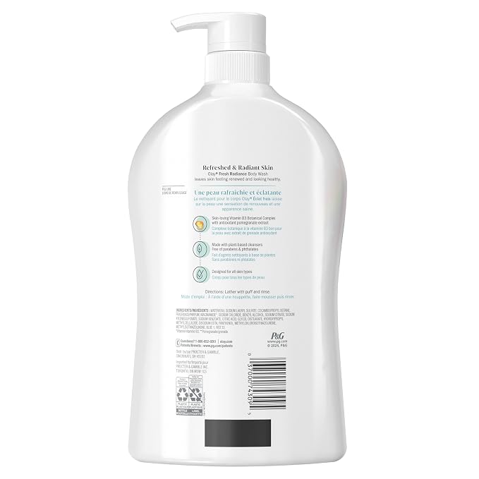 Olay Body Wash for Women, Fresh Radiance, Refreshing & Renewing, Made with Plant Based Cleansers, B3 Botanical Complex, For All Skin Types, Birch Water & Lavender Scent, 33 fl oz (Pack of 4)