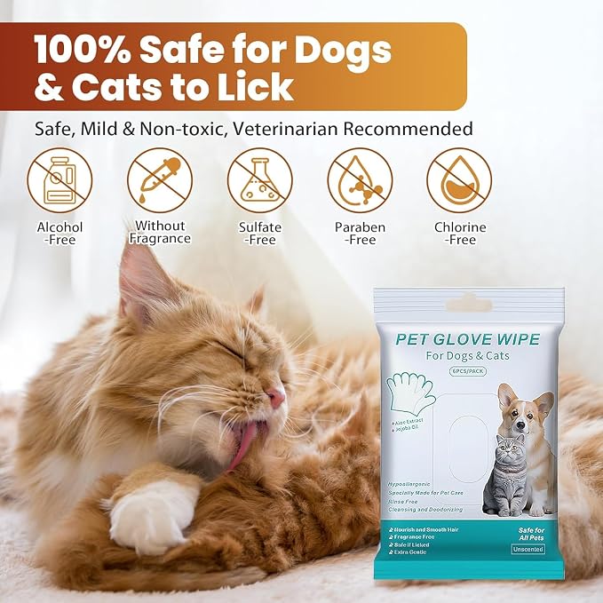 Thick Pet Glove Wipes for Dog & Cat - 6 Pack Disposable Grooming Gloves, Dog Bath Brush, Cat Shedding Glove, Pet Washing Mitt, Unscented