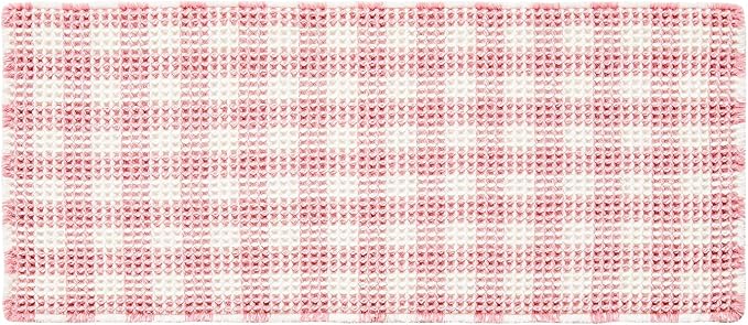 TYUU Waffle Bath Mat, Boho Bathroom Rugs Non Slip Washable Absorbent Checkered Bathroom Mat Quick Dry Cute Bath Mat, 48"x24" Pink and White