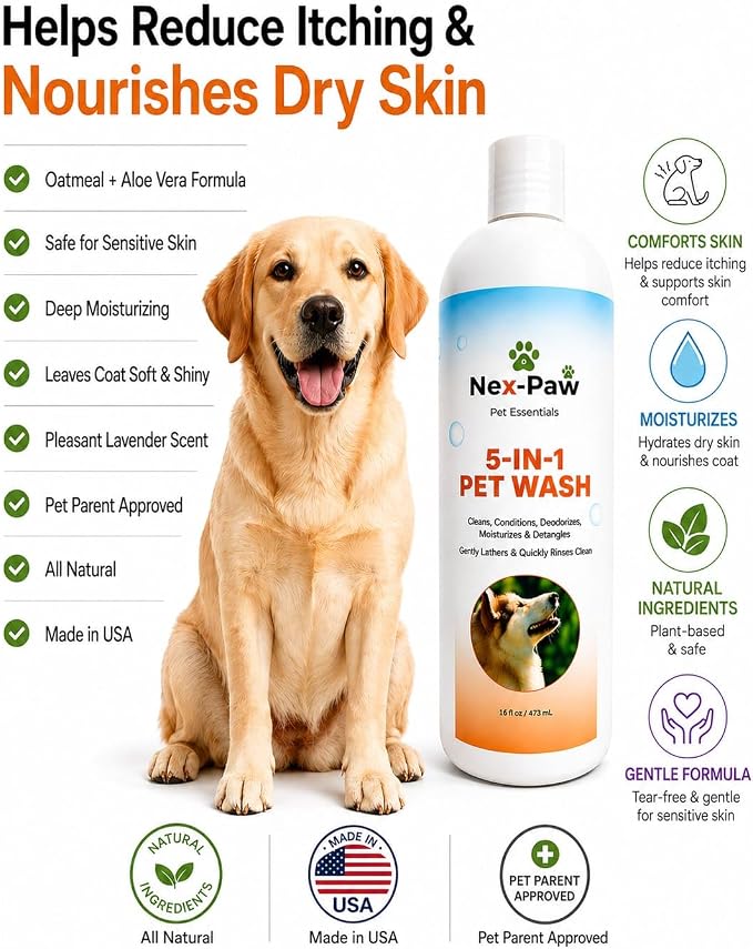 NEX-PAW 5-in-1 Dog Shampoo & Conditioner β Deodorizing, Cleaning, Moisturizing & Detangling Pet Wash for Dogs & Puppies β Gentle Formula β 16 oz