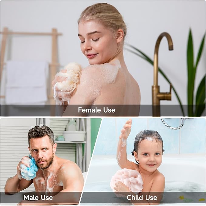Luffa Loofah Sponge Shower Loofahs 50g Shower Bath Sponges Exfoliating Mesh Pouf Mesh Balls for Body Wash Back Scrubber Bathroom Men Women Soft Scrubber Cleaning Bathing Accessories Tool (4Colors)