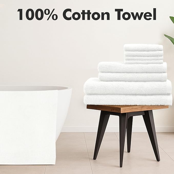 Bath Towels Set of 8 – 100% Ring Spun Cotton (White) Bathroom Towel Set Bale Includes 2 Bath, 2 Hand, 4 Face Towels – 550 GSM Soft, Absorbent & Quick Dry Towel for Bathroom, Spa, Kitchen, Hotel Use