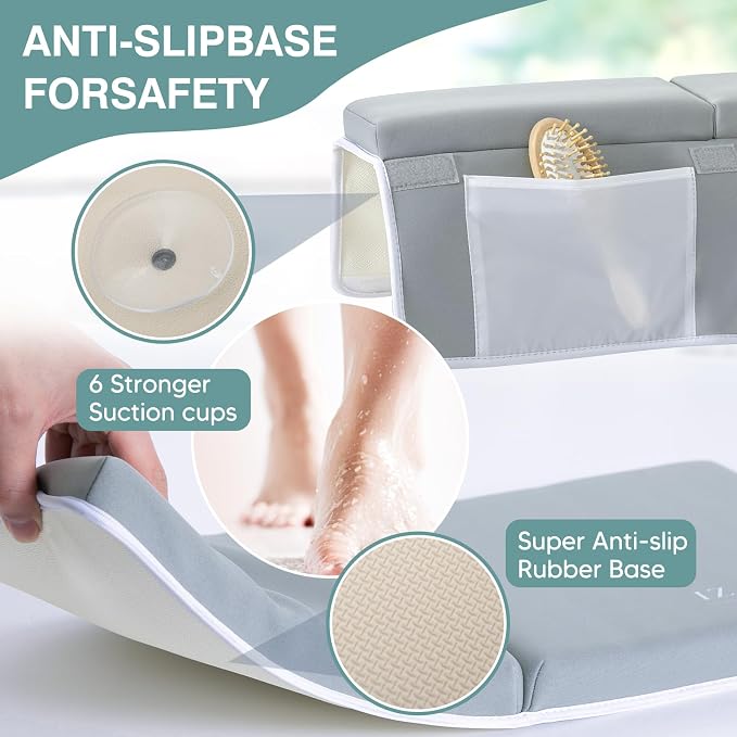 Bath Kneeler and Elbow Rest Pad Set - 1.5" Thick Baby Bath Kneeler - Non-Slip Bathtub Kneeler and Elbow Rest Set with Toy Organizer - Machine Washable Bath Kneeling Pad (Grey)