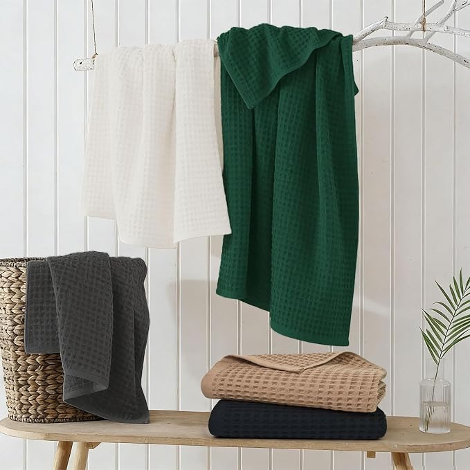 Jacquotha Waffle Bath Towels 2-Piece (Forest Green) - Cotton, Soft, Quick Dry, 31” x 62” Shower Towels for Bathroom Decor, Beach, Guest