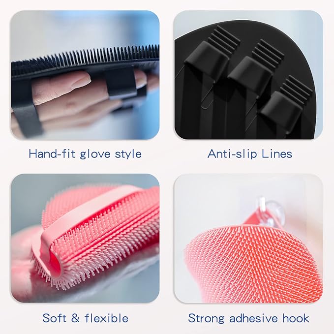 Manmihealth Silicone Back Scrubber (Thick Bristles) & Bath Glove & Face Brush Set (3PCS), Super-Exfoliating & Lathering Body Scrubber, Shower Brush, Face Scrubber Combination, with a Free Hook (Black)