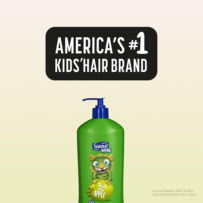 Suave Kids 3 in 1 Shampoo, Conditioner & Body Wash Silly Apple, Gentle Tear-Free Formula for Kids’ Hair & Skin, Juicy, Fun Scent, Dermatologist Tested, 18 FL OZ Pump, 6 Count
