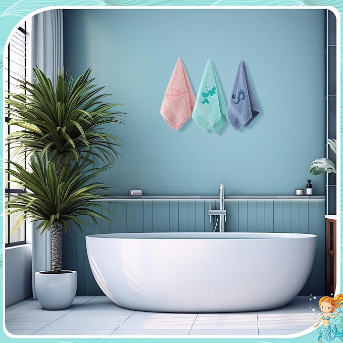 Hahafelt 3 Pack Coastal Mermaid Hand Towels for Bathroom 100% Cotton Embroidered Beach Bathroom Towels 13.78 x 29.53 Inch Soft Absorbent(Pink Green Blue, Mermaid)