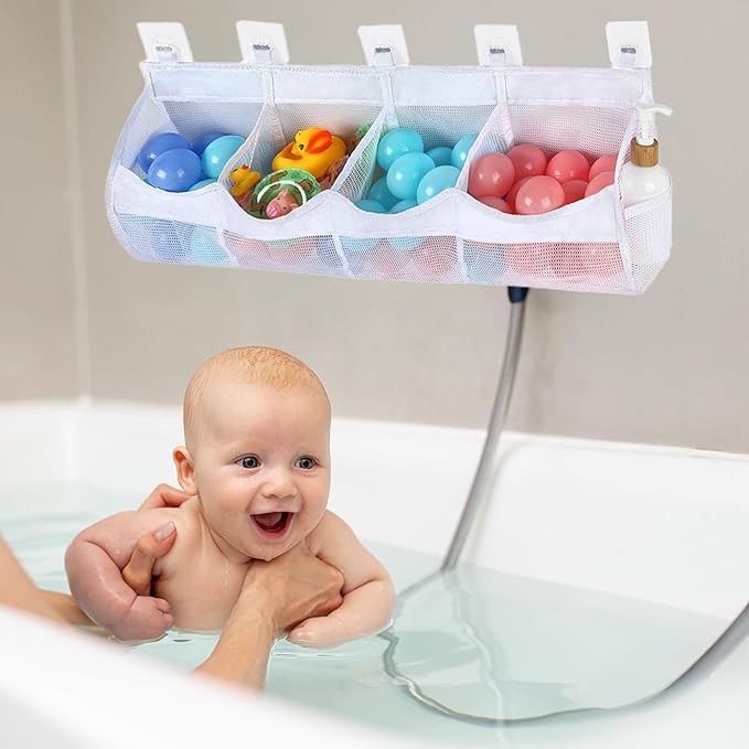 Large Bath Toy Storage, 4 Compartment Quick Drying Mesh Bath Toy Organizer with 5 Hooks, Easy Access and Sorting Large Capacity Corner Bathroom Storage, Multi Use Holder (White)