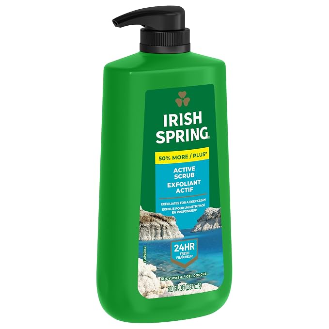 Irish Spring Active Scrub Exfoliating Body Wash for Men, 24-Hour Fresh, Biodegradable Ingredients, Paraben Free, Cool Fresh Scent, 30 fl oz Pump Bottle