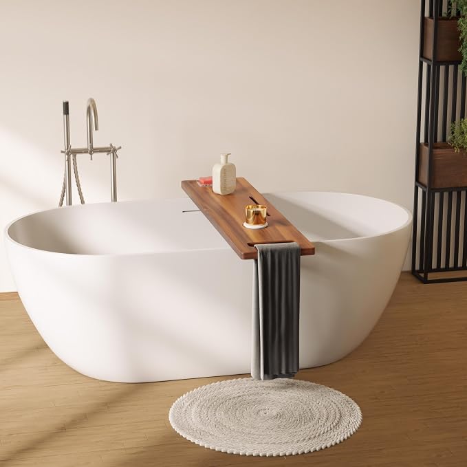 Tinamo Acacia Bathtub Caddy Tray Table | 39 x 9.75 x 2.5 Inch Large Bath Tub Tray Wooden | Anti-Tipping, Sustainable Tub Tray for Bathtub | Bathtub Accessories Holders for Bathtub (Acacia, 39x9.75) | Adjustable Feet, 39" x 9.75" x 2.5", Phone & Drink H...