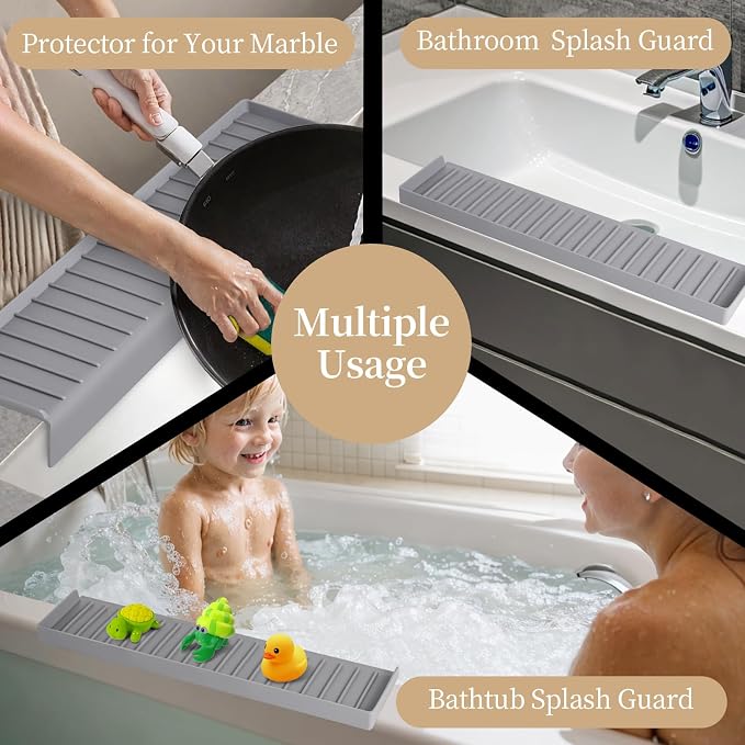 Sink Edge Protector with Suction Cup, 14" x 4", Silicone Sink Splash Guard for Kitchen & Bathroom, Protect Countertop from Scratches, Stains, for Stainless Steel Granite Quartz, Gray