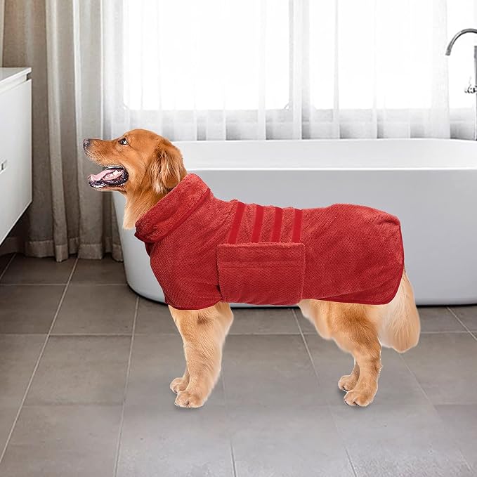 Geyecete Dog Drying Coat - Pineapple Grid Fast Drying Super Absorbent Pet Cat Bath Robe Towel - Red