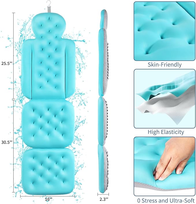 Luxury Bath Cushion, Full Body Bathtub Pillow with 160 Suction Cups, Bath Mat for Head and Neck Support, with Laundry Bag (Blue, 56" x 16")