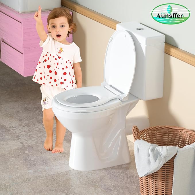 Aünsffer Toddler Toilet Seat with Potty Training Seat Round 16.5inch, 2 in 1 Toilet Seat for Family Built-in Baby Seat Removable, Soft Close + Easy Clean, PP Safe Material, White