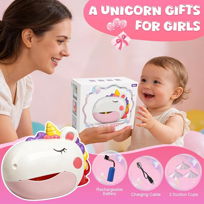 Baby Bath Toys, Unicorn Rechargeable Bath Bubble Machine, Automatic Bubble Maker with 12 Music, Bathtub Shower Water Toys, Toddlers Gifts for Girls Bathroom Toys Kids Ages 1-3 4-8