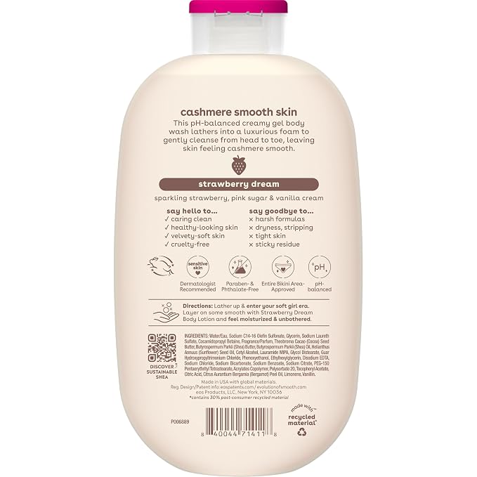 eos Cashmere Body Wash – Strawberry Dreams, Moisturizing Body Wash, Creamy Gel Formula, with Shea Butter, Glycerin, Vitamin E, pH Balanced, Sensitive Skin, Vegan, 16 fl oz