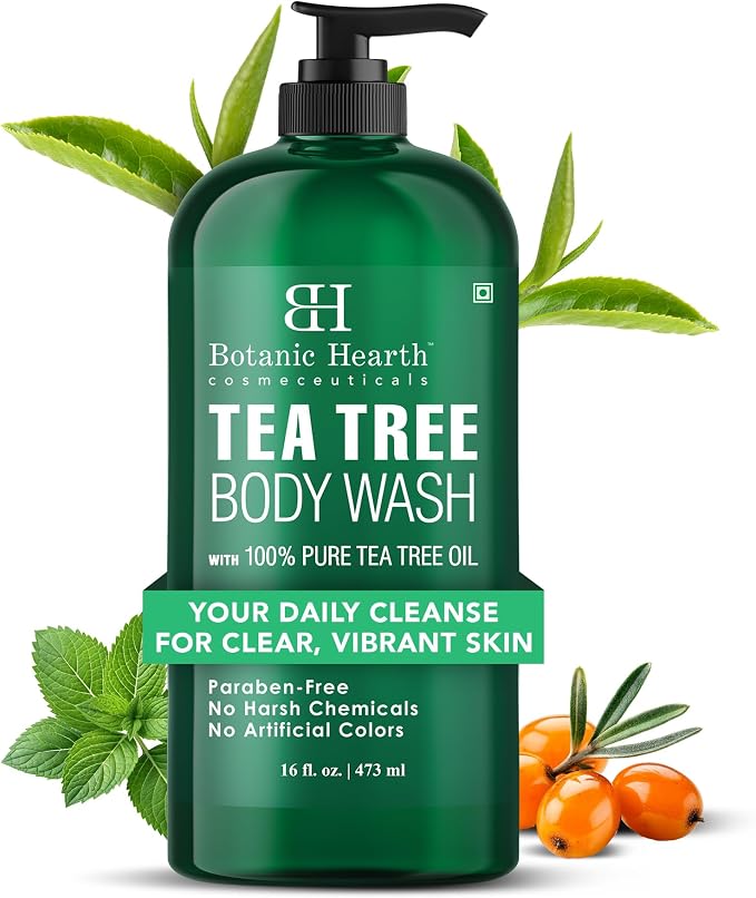Botanic Hearth Tea Tree Body Wash, 16 Fl Oz (473 ml) | Enriched With Tea Tree Oil, Peppermint & Sea Buckthorn | Gently Cleanses, Refreshes & Nourishes Skin | Sulfate & Paraben Free | For Men & Women